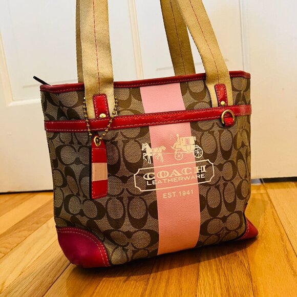 Y2K 2000 Hobo Coach Heritage Signature Stripe Pink/Tan Tote Bag Vintage - Picture 8 of 16